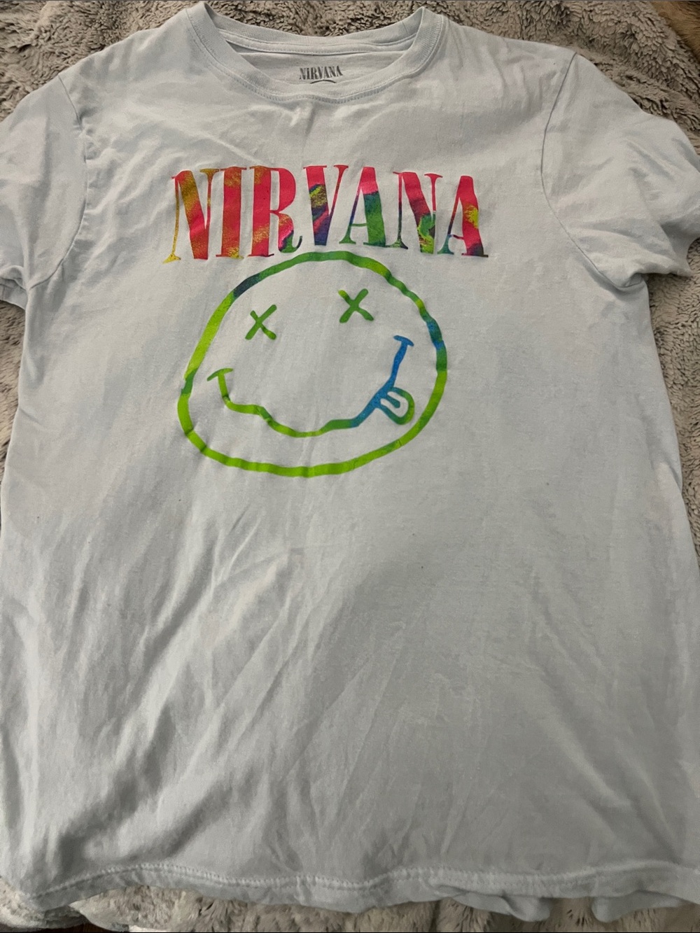 5/$10 NIRVANA White Tee with Neon Tie-Dye Logo and Smiley